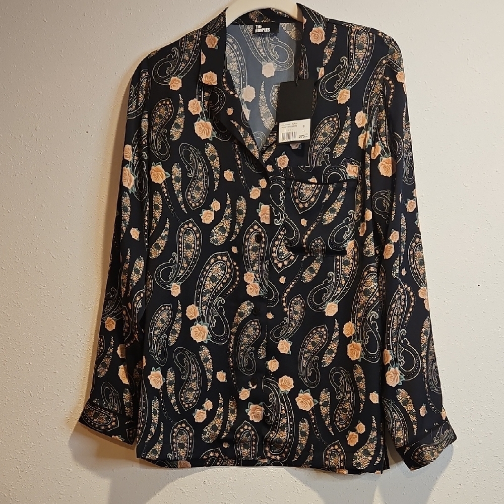 The Kooples Satin Feel Floral Paisley Long Sleeve Button Down Shirt Sz 0 XS